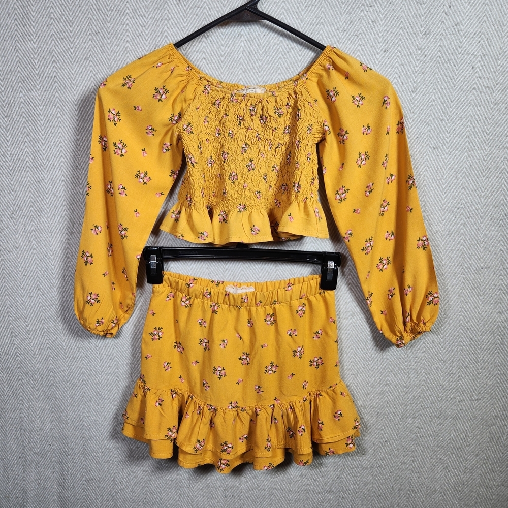 Btween Girls 8 Floral Yellow With Pink Two-Piece Set Top And Skirt